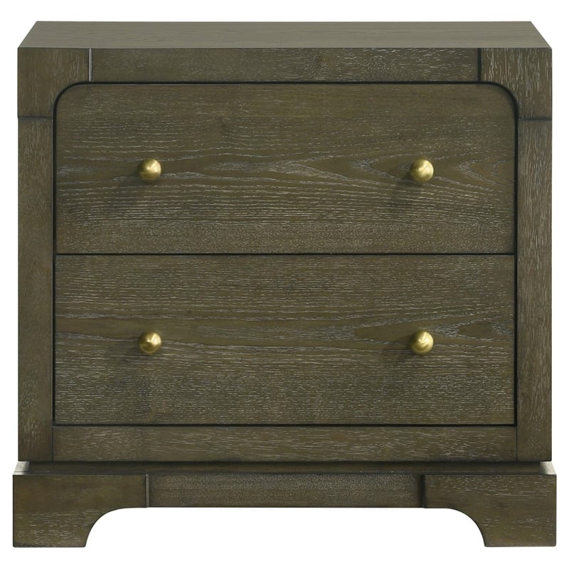 Seon Nightstand- 2 Drawers with Brass Knobs- Dark Cocoa Brown Wood