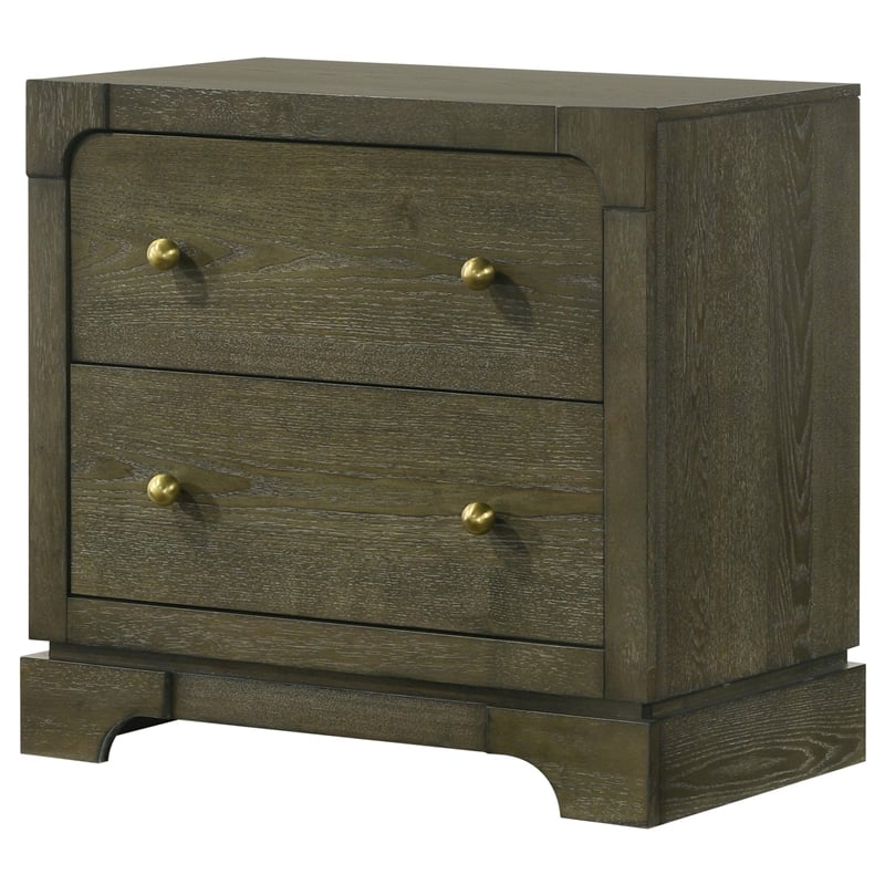 Seon Nightstand- 2 Drawers with Brass Knobs- Dark Cocoa Brown Wood