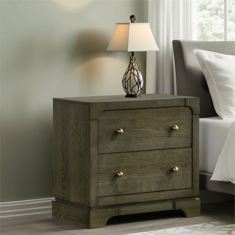 Seon Nightstand- 2 Drawers with Brass Knobs- Dark Cocoa Brown Wood