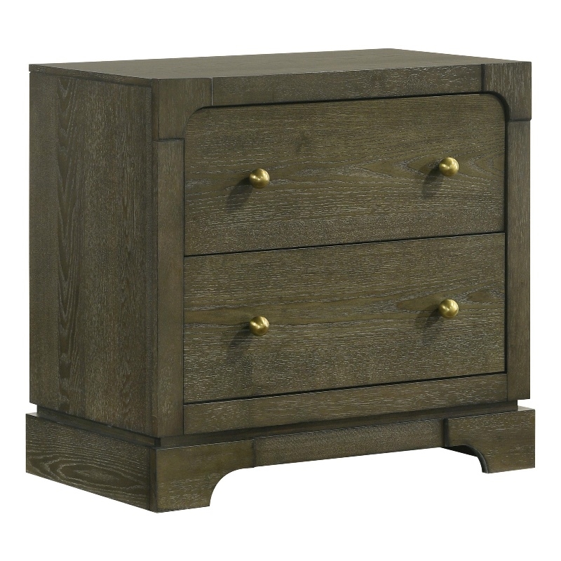 Seon Nightstand- 2 Drawers with Brass Knobs- Dark Cocoa Brown Wood
