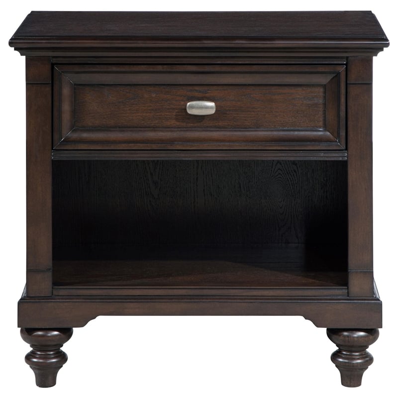 Meon Nightstand w Drawer and Open Cubby Shelf- Dark Oak Brown Wood