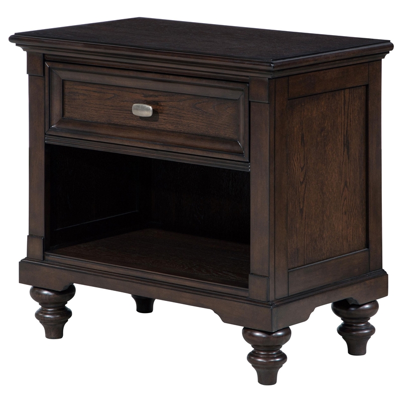 Meon Nightstand w Drawer and Open Cubby Shelf- Dark Oak Brown Wood