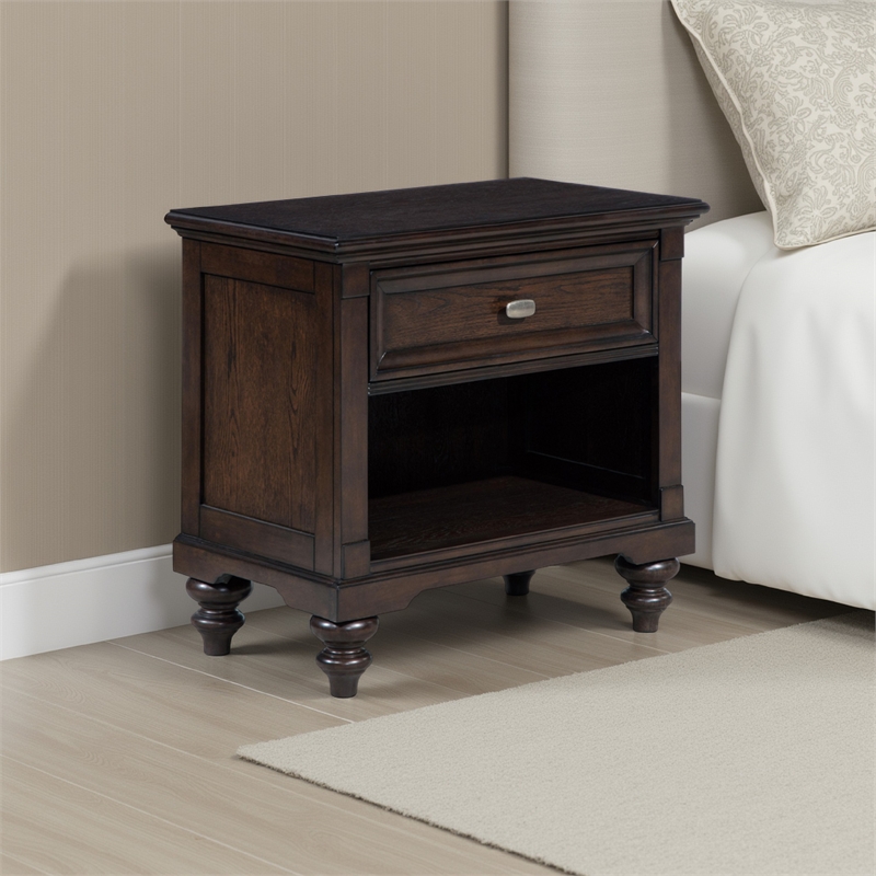 Meon Nightstand w Drawer and Open Cubby Shelf- Dark Oak Brown Wood
