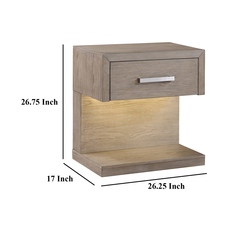 Keno Nightstand- 27 Inch Brown Acacia Wood- Storage Drawer- LED Light