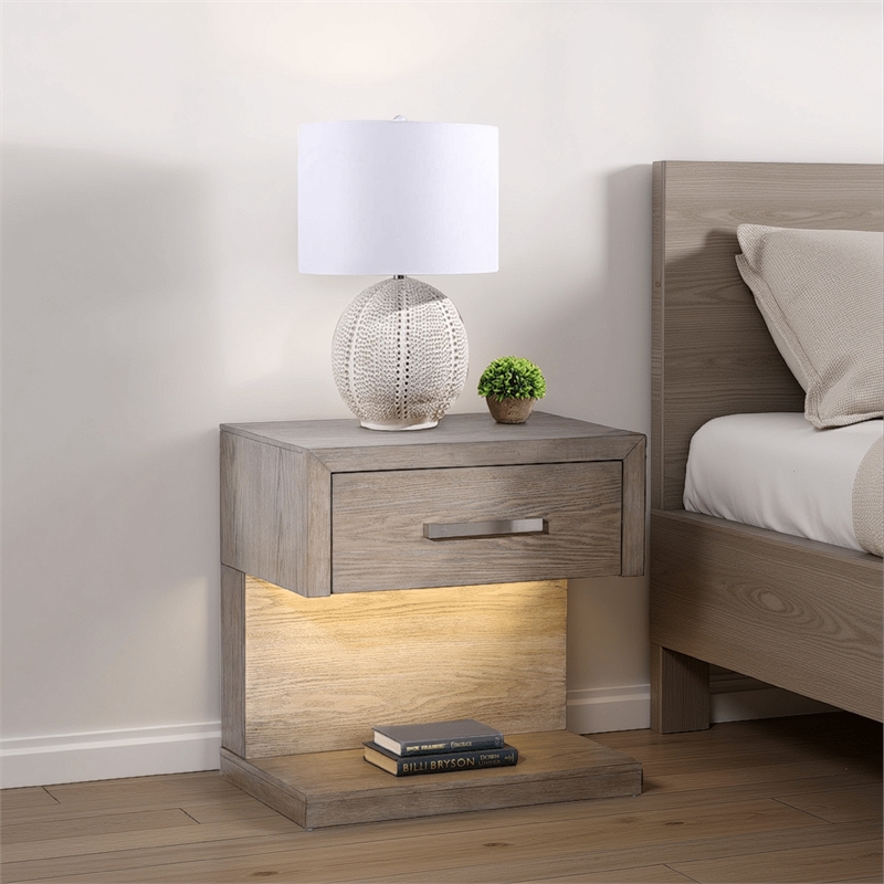 Keno Nightstand- 27 Inch Brown Acacia Wood- Storage Drawer- LED Light