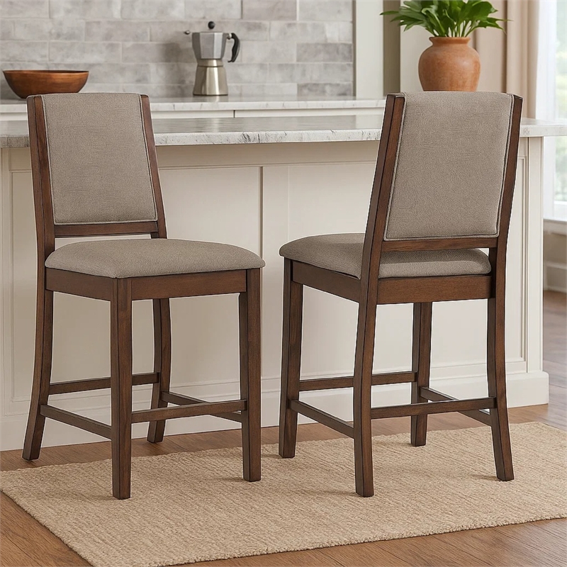 Patter Counter Height Chair Set of 2- Beige Fabric- Dark Brown 26 Inch