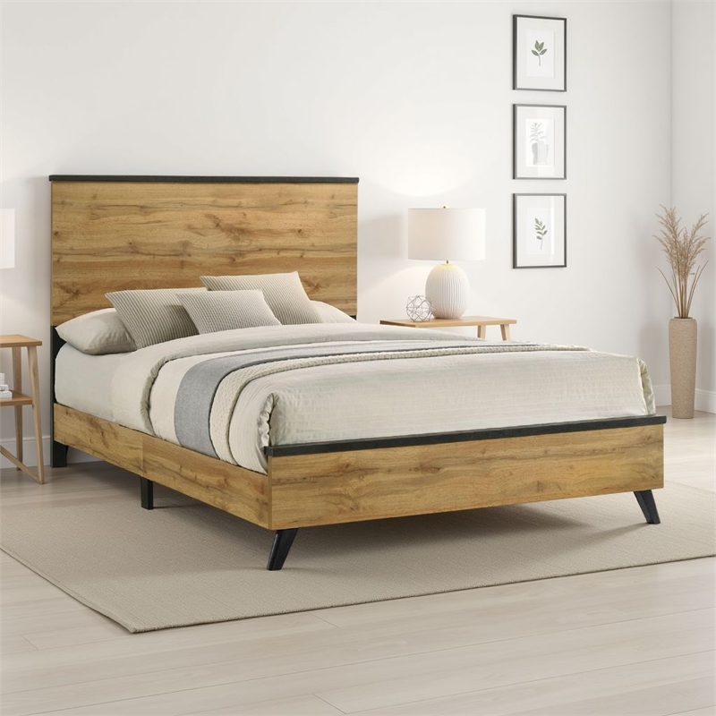 Wemy Full Size Bed- Tall Panel Headboard- Natural Brown Pine Finish