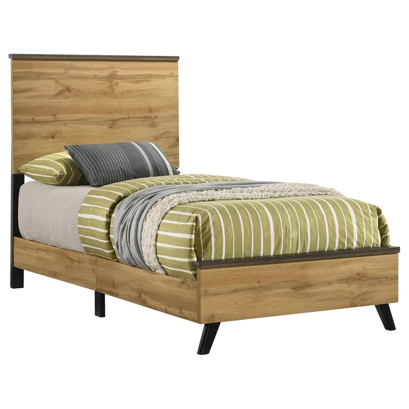 Wemy Twin Size Bed- Tall Panel Headboard- Natural Brown Pine Finish