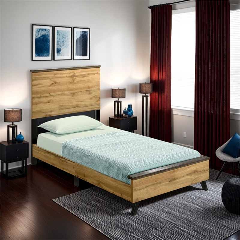 Wemy Twin Size Bed- Tall Panel Headboard- Natural Brown Pine Finish