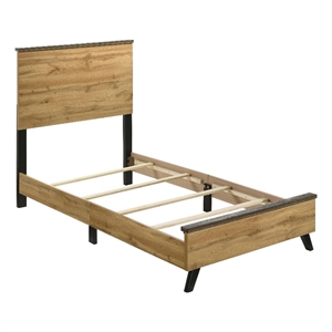 Wemy Twin Size Bed- Tall Panel Headboard- Natural Brown Pine Finish