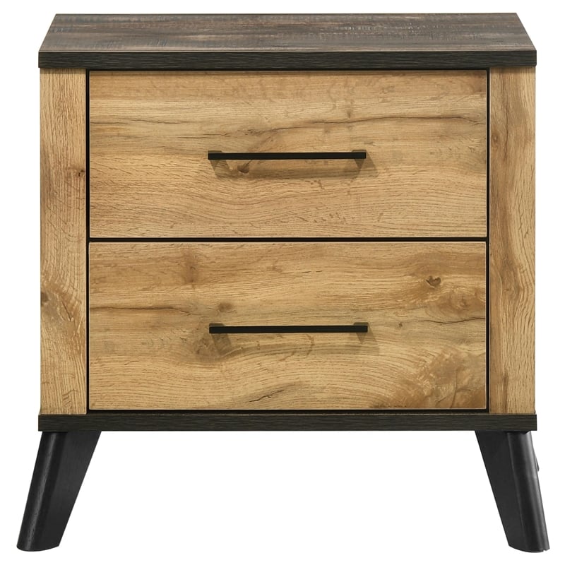 Wemy Nightstand with 2 Drawers- Metal Legs- Weathered Brown Pine Wood