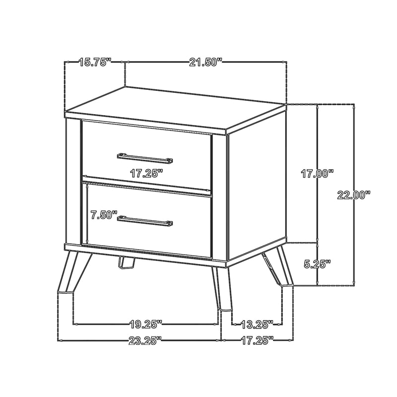 Wemy Nightstand with 2 Drawers- Metal Legs- Weathered Brown Pine Wood