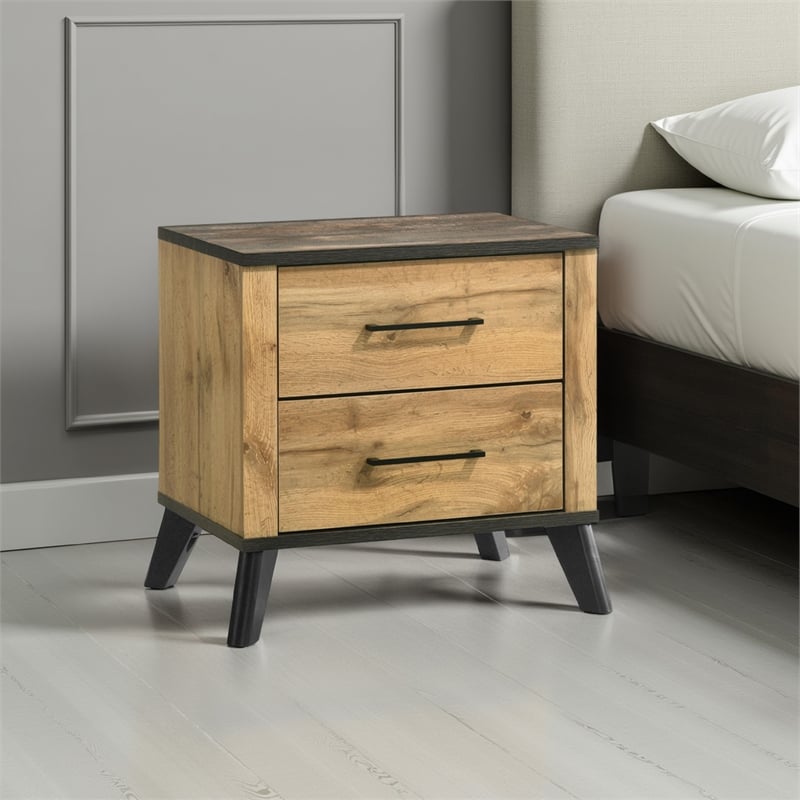 Wemy Nightstand with 2 Drawers- Metal Legs- Weathered Brown Pine Wood