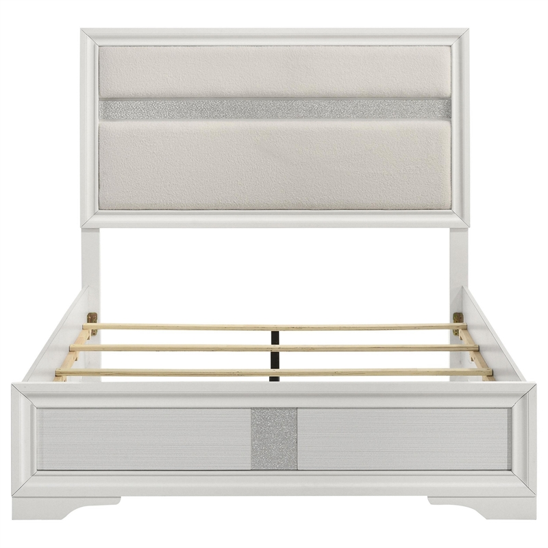 Vino Full Size Bed- Panel Headboard- White Upholstery- Glitter Stripes