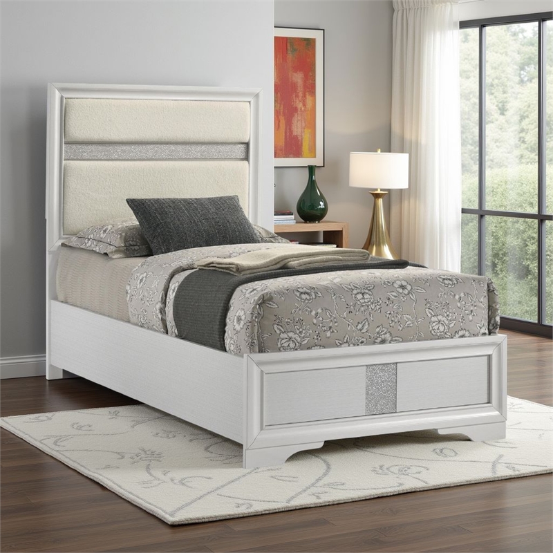 Vino Twin Size Bed- Panel Headboard- White Upholstery- Glitter Stripes