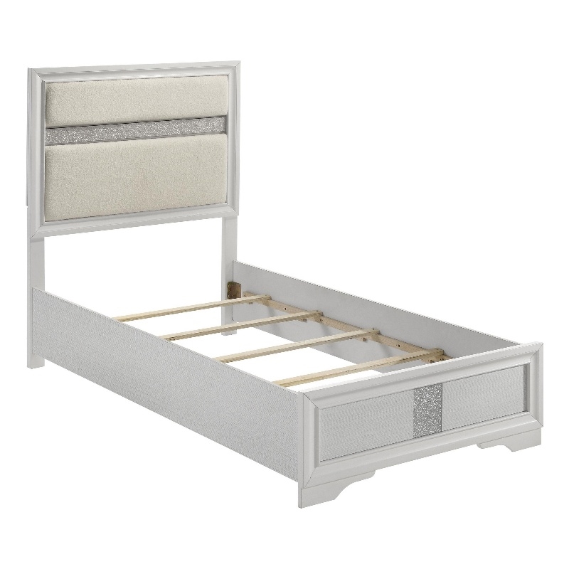 Vino Twin Size Bed- Panel Headboard- White Upholstery- Glitter Stripes