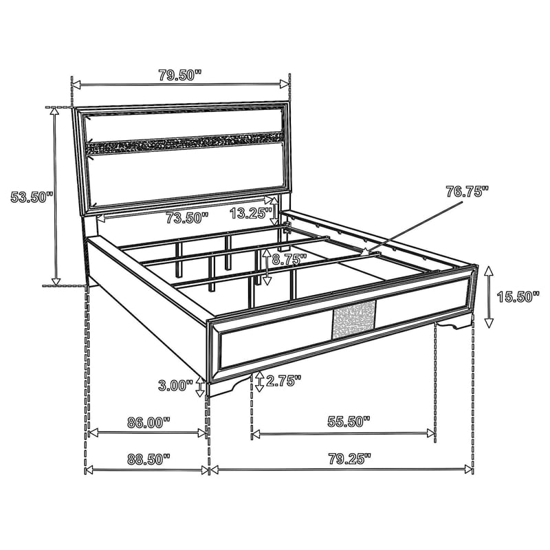 Vino California King Size Bed- Panel Black Upholstery- Glitter Stripe
