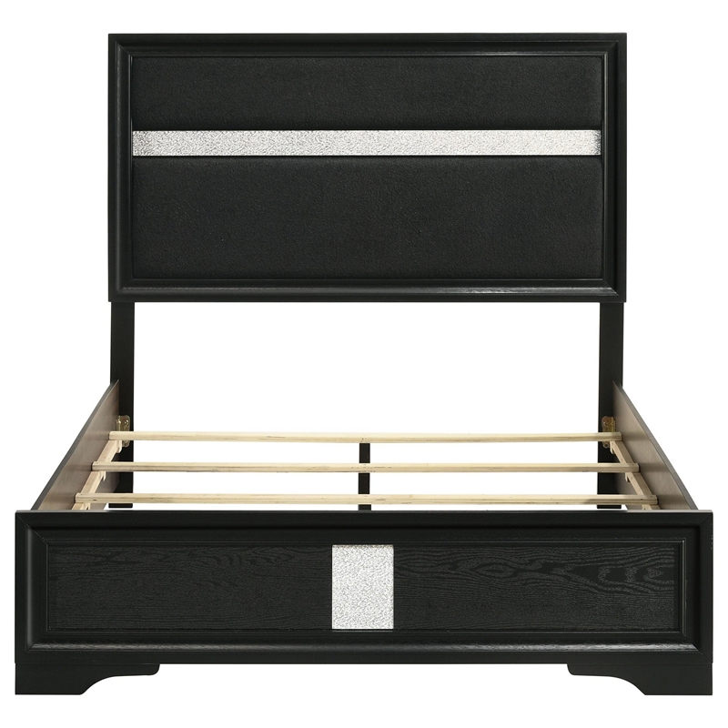 Vino Full Size Bed- Panel Headboard- Black Upholstery- Glitter Stripes