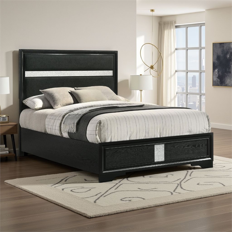 Vino Full Size Bed- Panel Headboard- Black Upholstery- Glitter Stripes