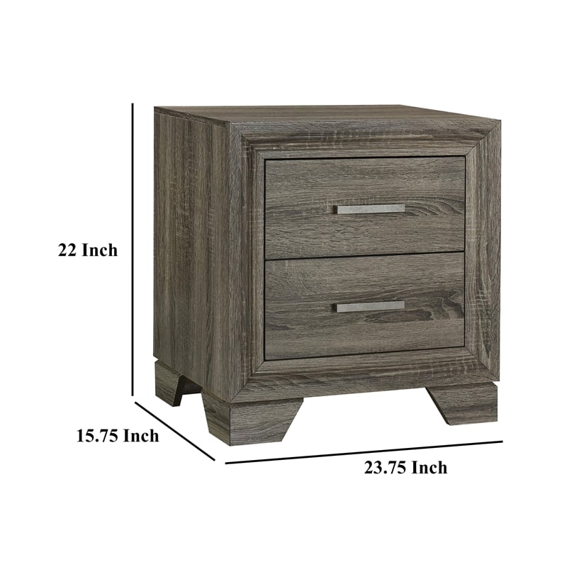 Reay Nightstand- Brown Oak Finish- 2 Drawers Silver Metal Bar Handles