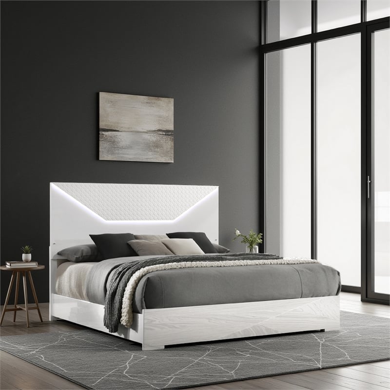 Ivon King Bed- 3D Embossed LED Headboard- Glossy White Solid Wood