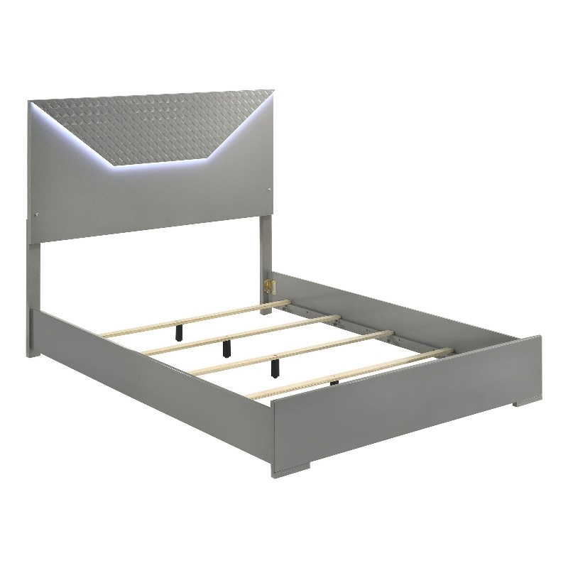 Ivon Queen Size Bed- 3D Embossed LED Headboard- Gray Solid Hardwood
