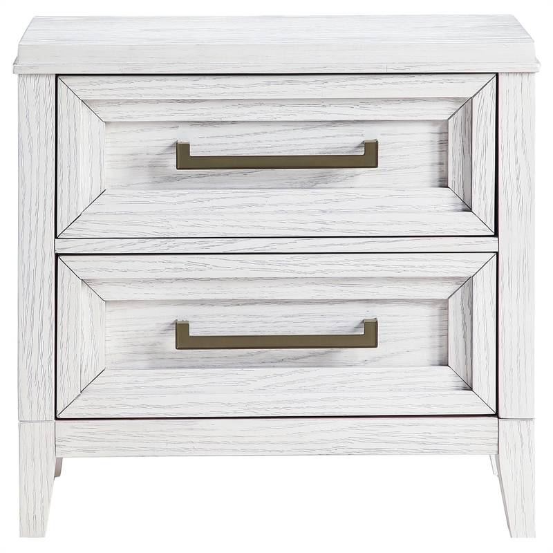Leva Nightstand- 28 Inch- Distressed White Acacia Wood- 2 Drawers
