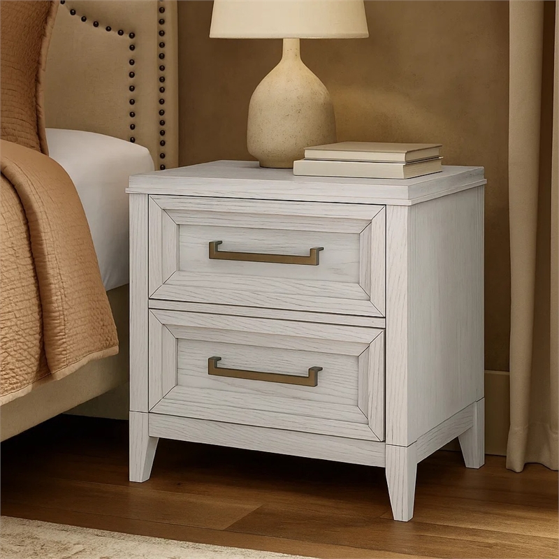 Leva Nightstand- 28 Inch- Distressed White Acacia Wood- 2 Drawers