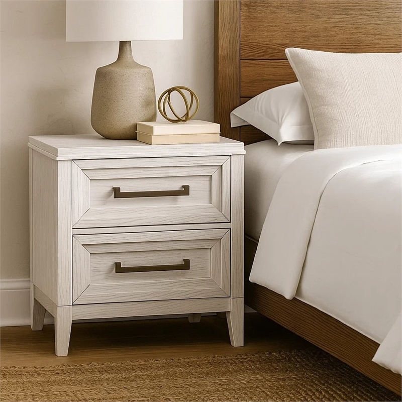 Leva Nightstand- 28 Inch- Distressed White Acacia Wood- 2 Drawers