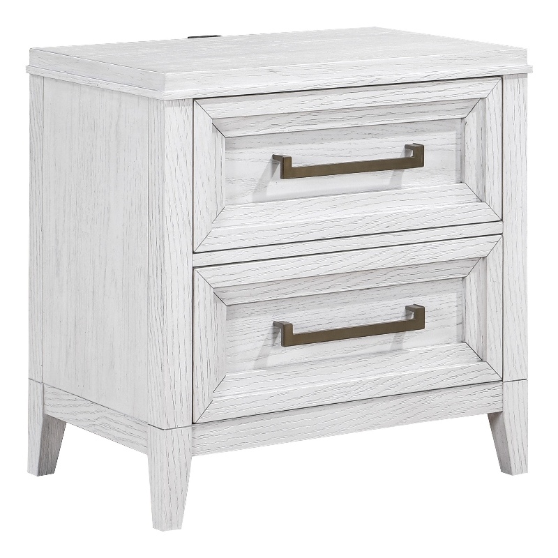 Leva Nightstand- 28 Inch- Distressed White Acacia Wood- 2 Drawers