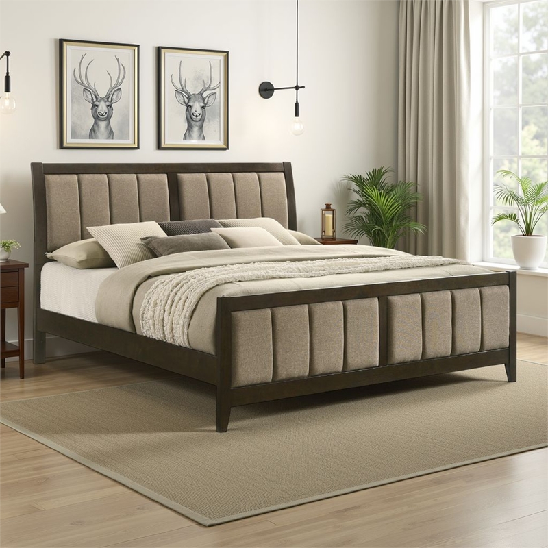 Wily King Size Bed- Channel Tufted Upholstered Headboard- Dark Brown