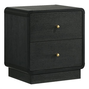 Cavy Nightstand- 2 Storage Drawers- Black Wood- Round Gold Knobs