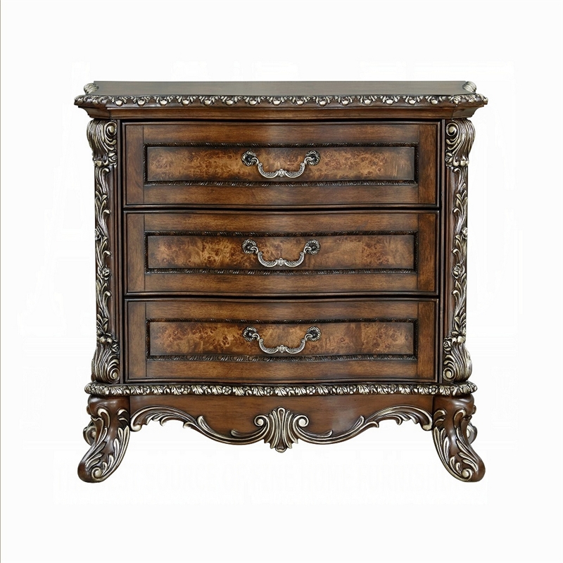 Vany Nightstand- Traditional Floral Trim- 3 Drawers