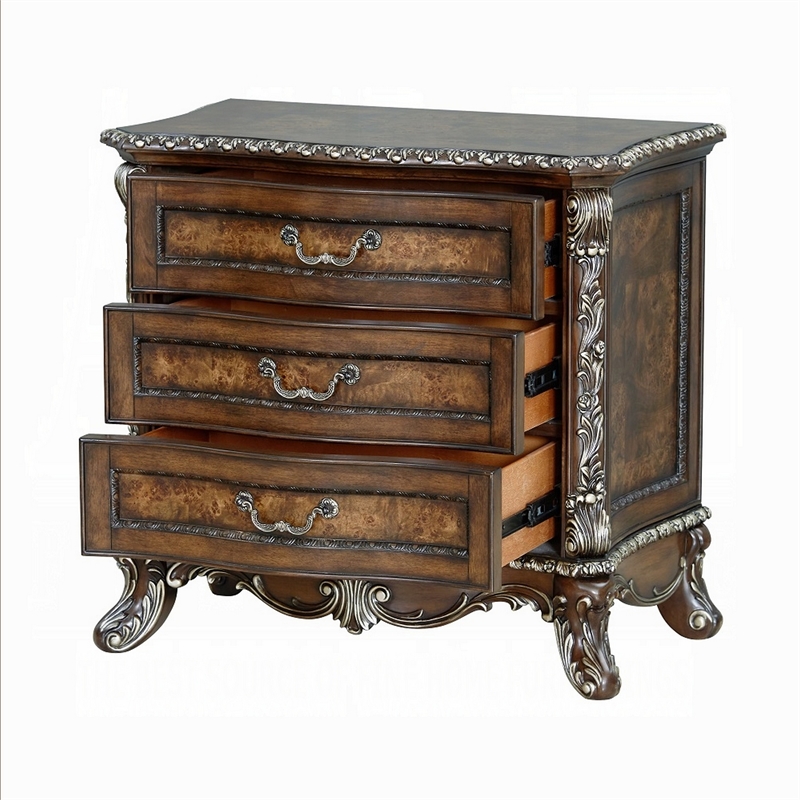 Vany Nightstand- Traditional Floral Trim- 3 Drawers