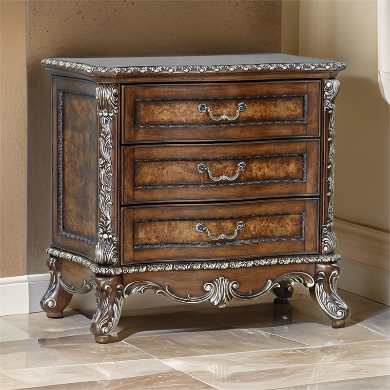 Vany Nightstand- Traditional Floral Trim- 3 Drawers