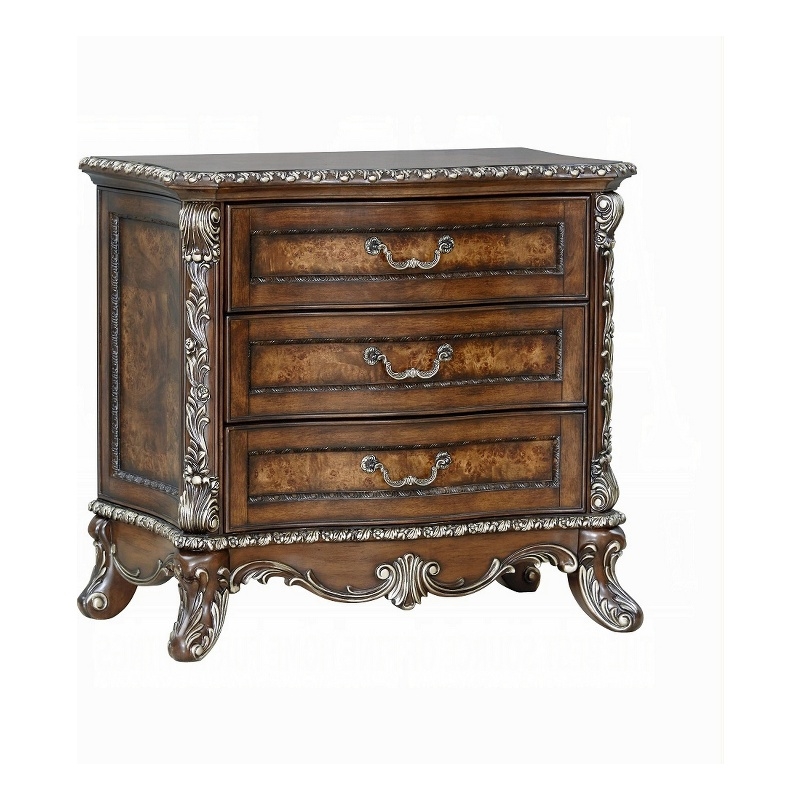Vany Nightstand- Traditional Floral Trim- 3 Drawers