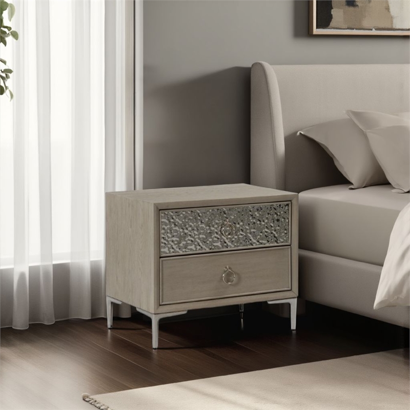 Kaira Nightstand with 2 USB Ports- Textured Metal