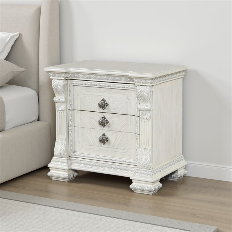 Naddy Nightstand- 2 Drawers- USB- Wire Brushed White Wood- 30 Inch