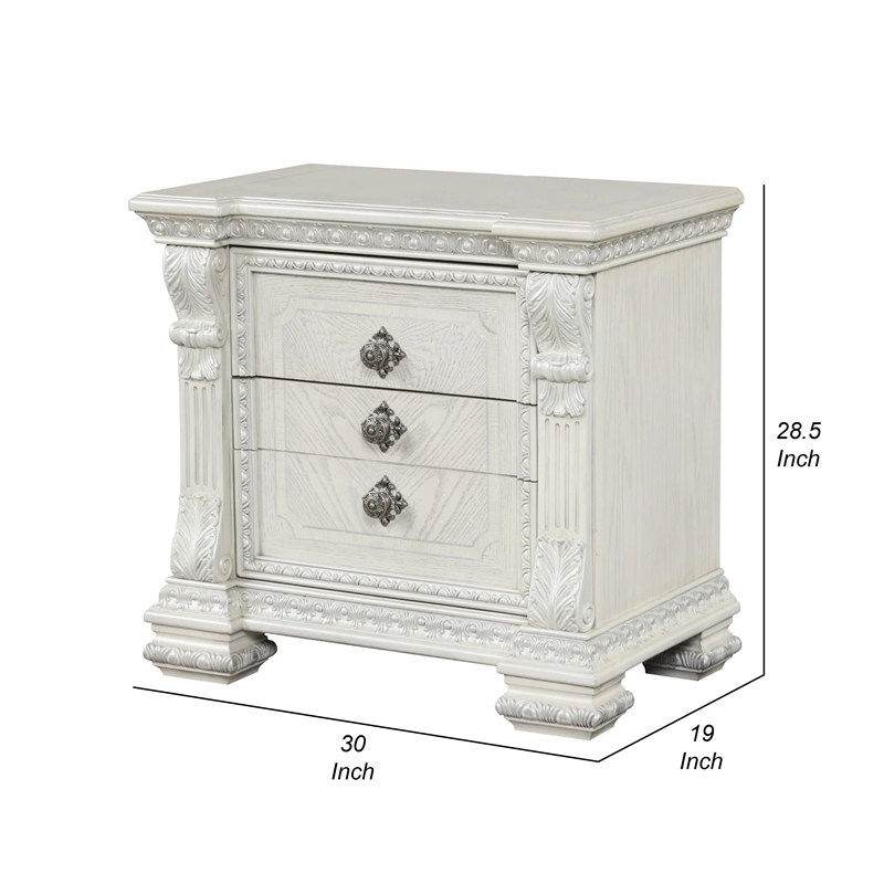 Naddy Nightstand- 2 Drawers- USB- Wire Brushed White Wood- 30 Inch