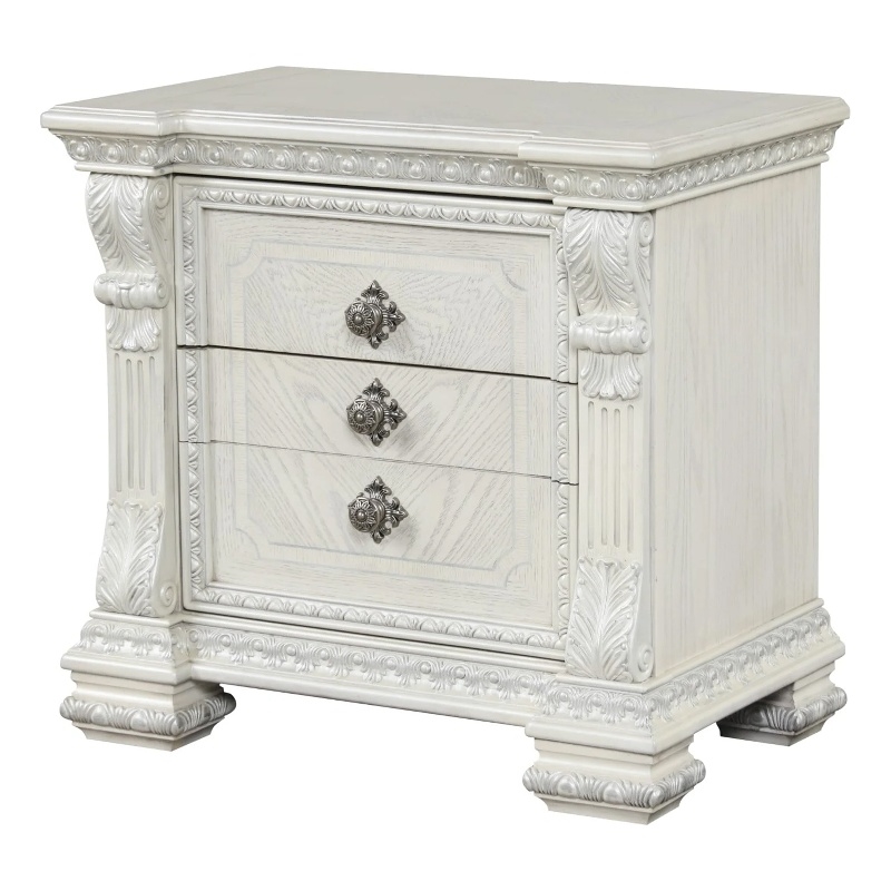 Naddy Nightstand- 2 Drawers- USB- Wire Brushed White Wood- 30 Inch