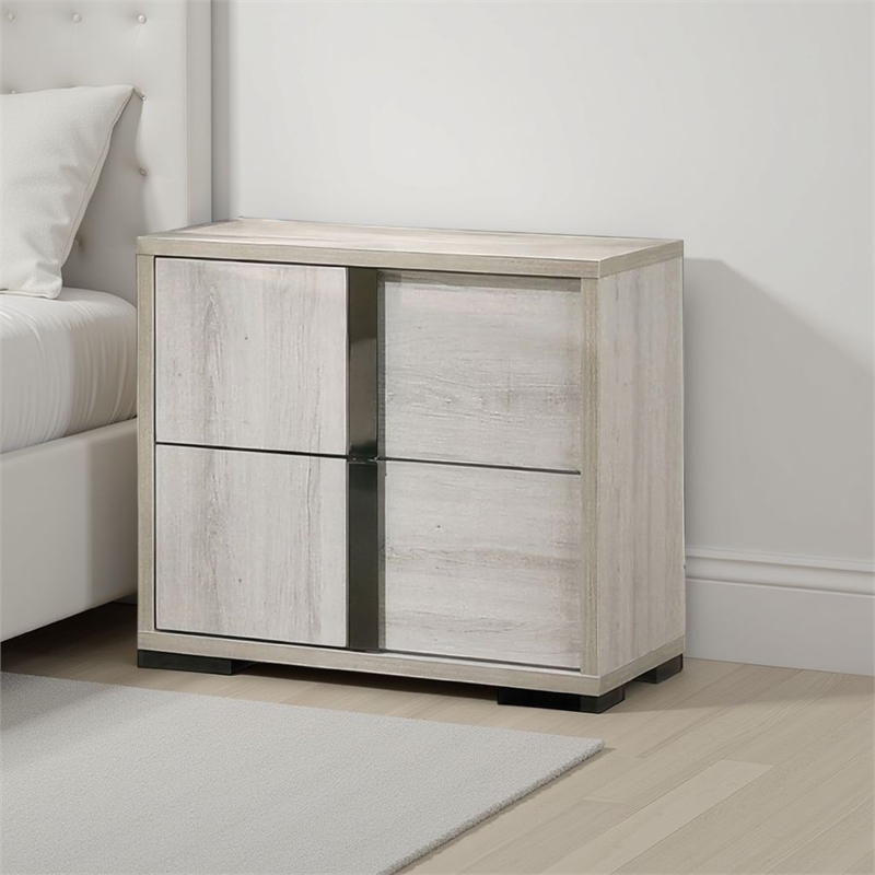 Hyao Nightstand- 26 Inch- 2 Drawers- Chrome Handles- White Wash Veneer