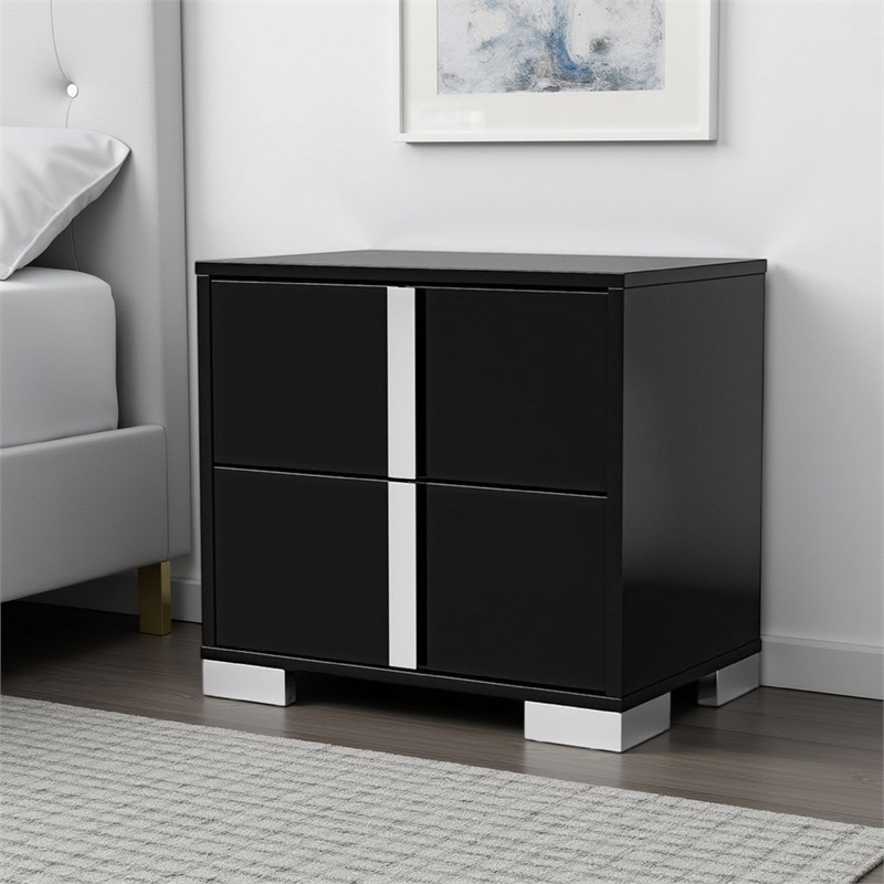 Suni Nightstand- Piano Black Wood with UV Finish- 2 Drawers- 24 Inch