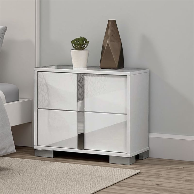 Suni Nightstand- Glossy White Wood with UV Finish- 2 Drawers- 24 Inch