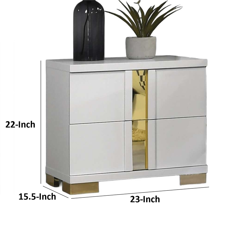 Yoki Nightstand-2 Drawers-Modern Glam White and Gold-23 Inch