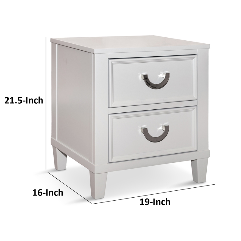 Kiki Nightstand with 2 Drawers- Chrome Metal- White Wood