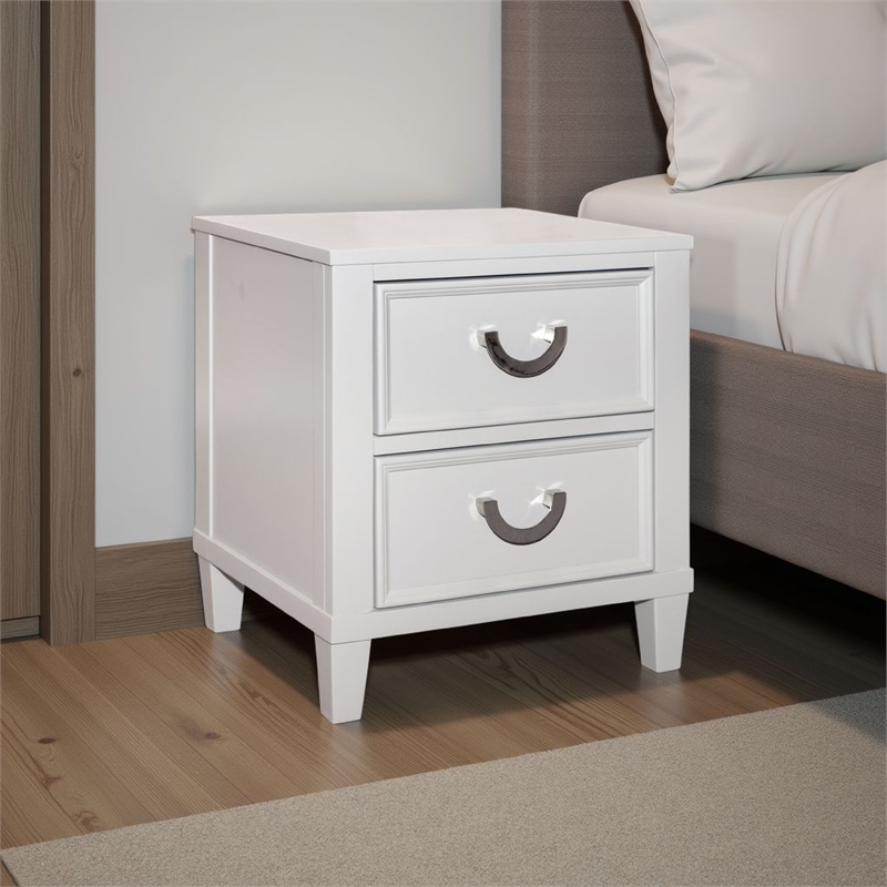 Kiki Nightstand with 2 Drawers- Chrome Metal- White Wood