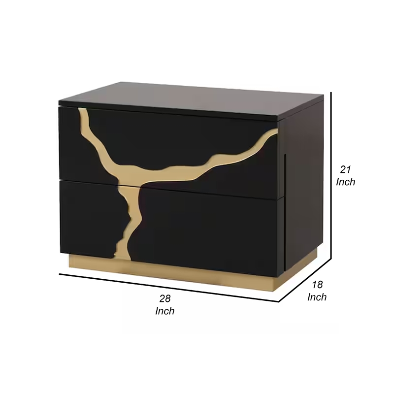 Goldie Nightstand-2 Drawers-Gold and Black Solid Wood-28 Inch