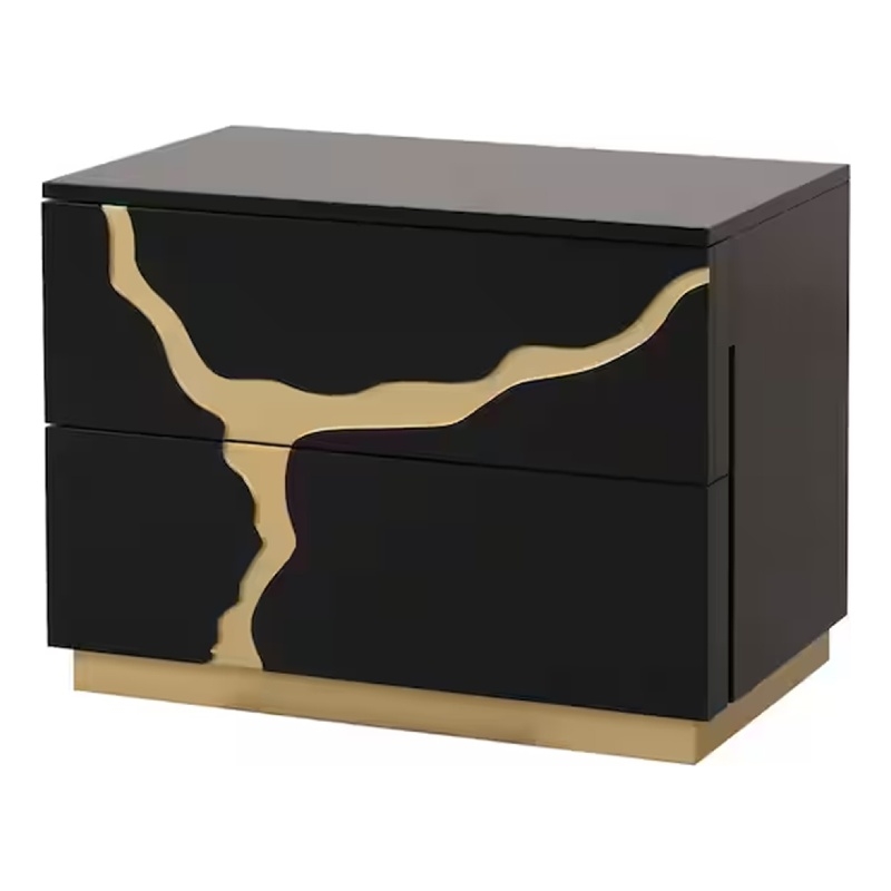 Goldie Nightstand-2 Drawers-Gold and Black Solid Wood-28 Inch