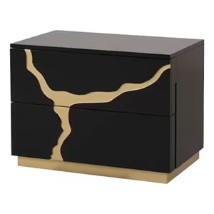 Goldie Nightstand-2 Drawers-Gold and Black Solid Wood-28 Inch