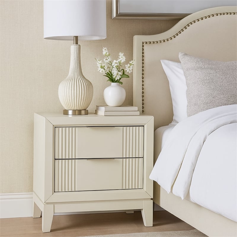 Toi Nightstand- 2 Drawers- Antique White Finished Solid Wood- 27 Inch